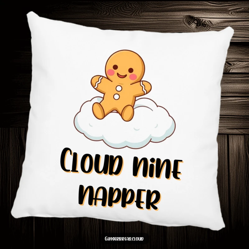 Funny gingerbread man pillow with a soft texture, showcasing a happy gingerbread cookie character floating on a fluffy cloud.