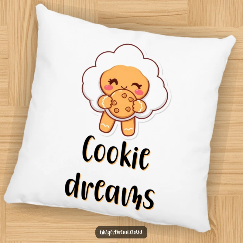 Funny pillow with a gingerbread cloud character winking and offering a cookie, adding a cozy and friendly touch.