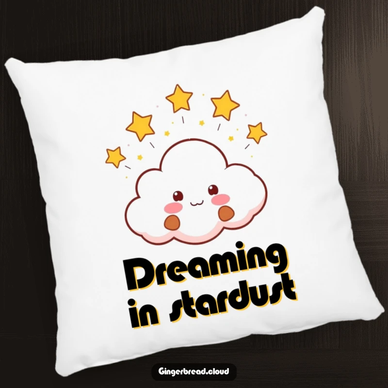 Funny decorative pillow with a smiling gingerbread cloud face blowing tiny, bright stars. Comfortable and whimsical.