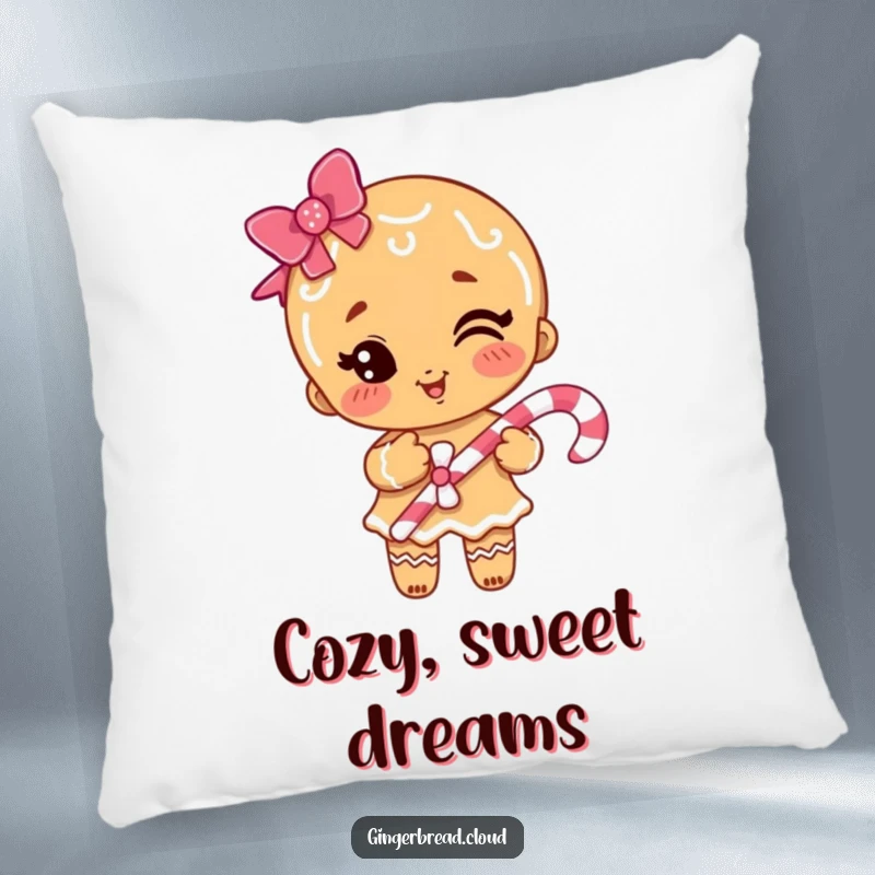 A soft pillow adorned with a funny gingerbread girl winking and holding a candy cane, inviting cozy holiday comfort.
