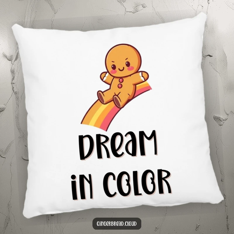Funny gingerbread character sliding down a rainbow, printed on a soft, comfortable pillow. A whimsical decor accent.