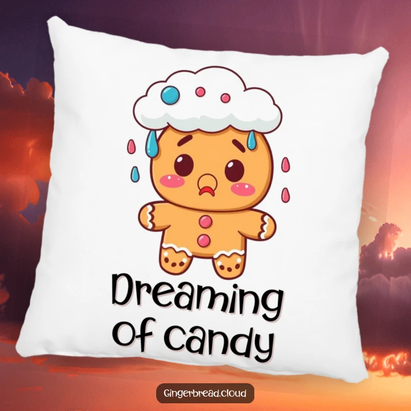 Funny gingerbread pillow featuring a surprised character watching a cloud rain candy, perfect for comfort and decor.