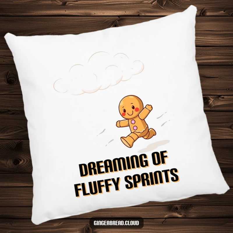 Funny pillow featuring a gingerbread character running with abandon through a fluffy, cartoonish cloudy sky.