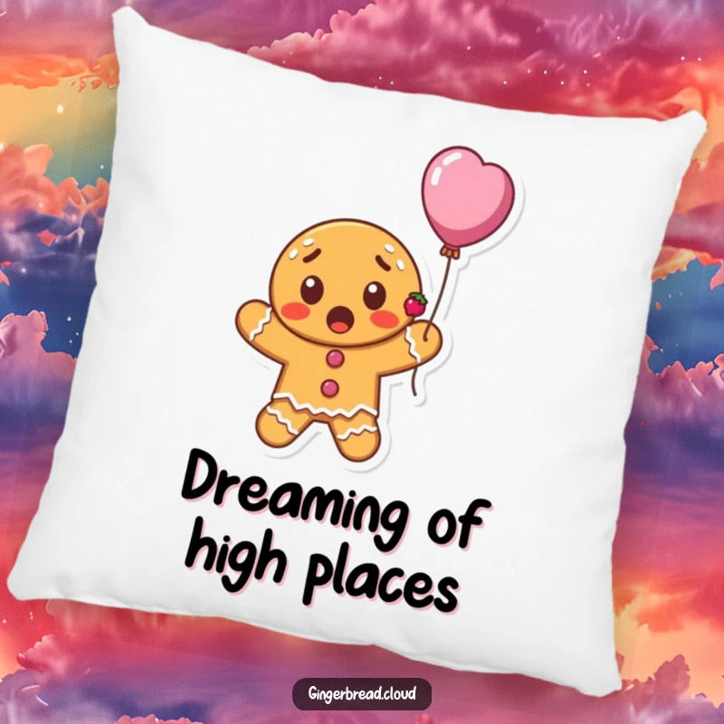 Funny surprised gingerbread cookie character with currants floating upwards on a balloon, cozy decorative pillow, whimsical and comforting design.