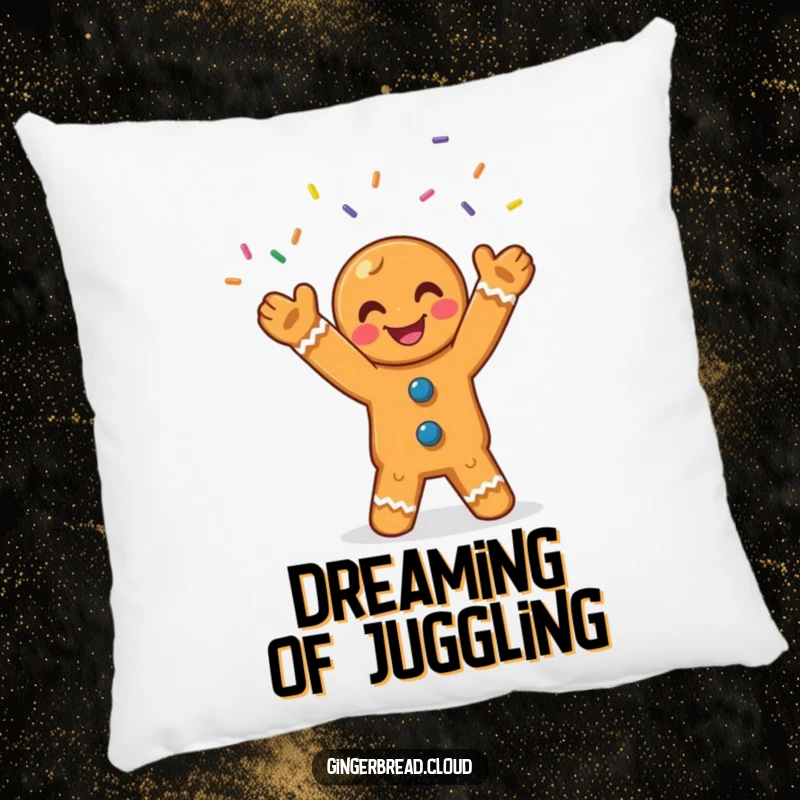 Funny gingerbread pillow featuring a smiling character joyfully juggling colorful sprinkles, perfect for comfort and decor.