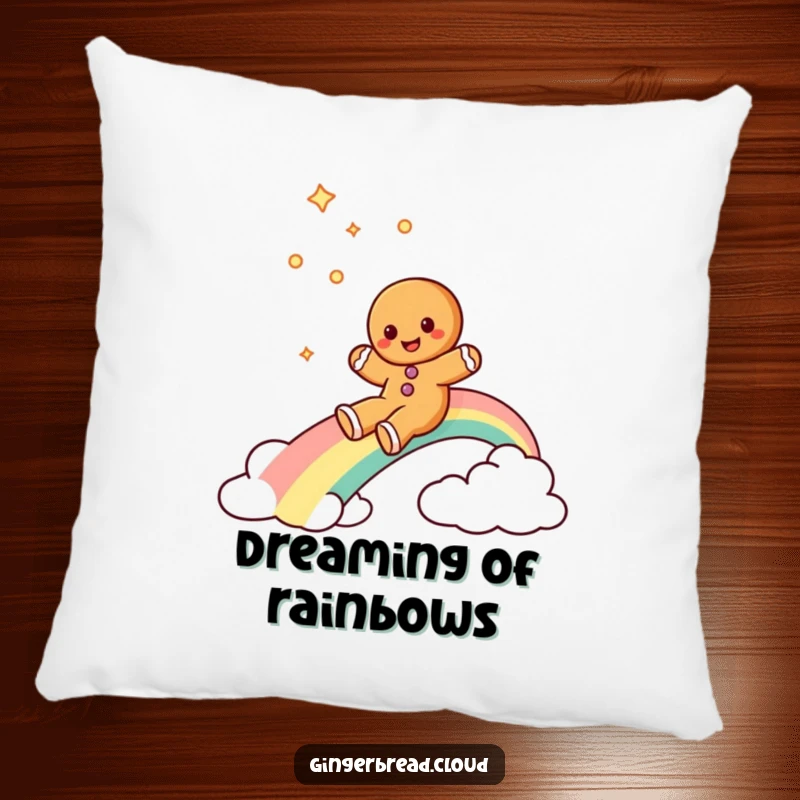 Funny gingerbread cookie pillow with a soft texture, showcasing a gingerbread cookie character gleefully sliding down a rainbow.