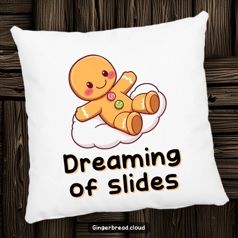 Funny gingerbread man pillow showing a happy character with candy buttons sliding playfully on a soft cloud, offering ultimate sweet comfort.