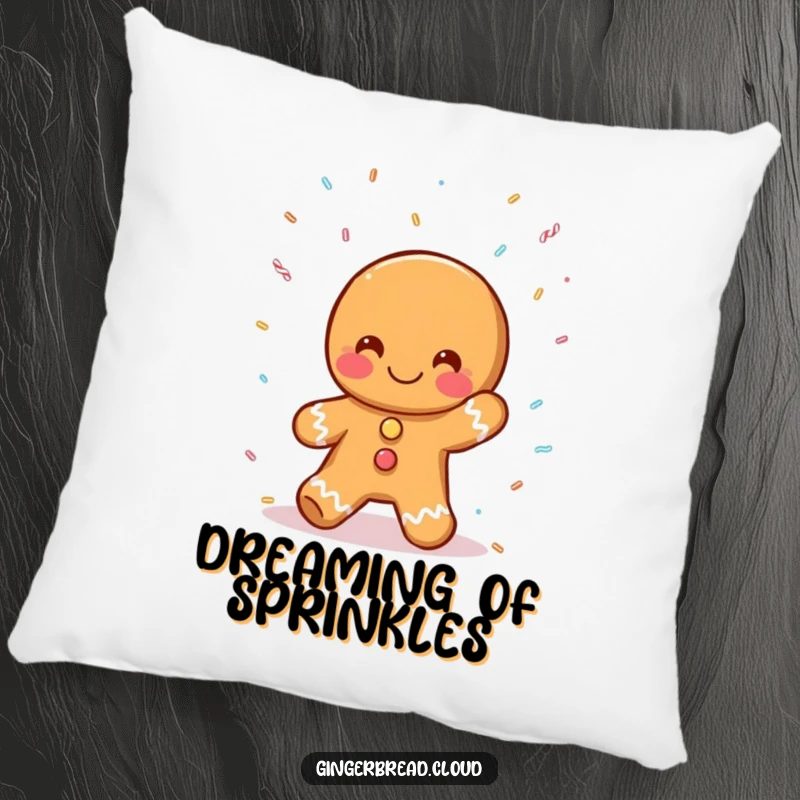 Funny gingerbread person pillow, catching falling sprinkles, soft and sweet home decor, perfect funny gift for relaxation.