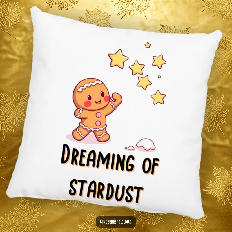Funny gingerbread character attempting to catch falling sugar stars, cozy decorative pillow, whimsical and sweet dream-themed.