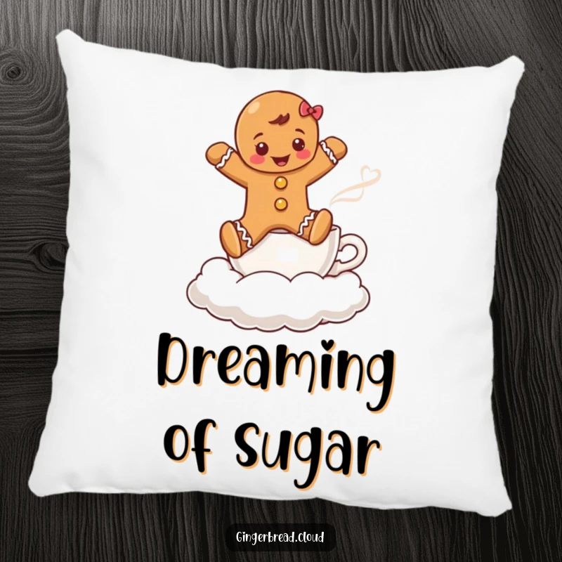 Funny pillow featuring a gingerbread boy jumping over a steaming coffee cup cloud, adding whimsical holiday humor to any room.