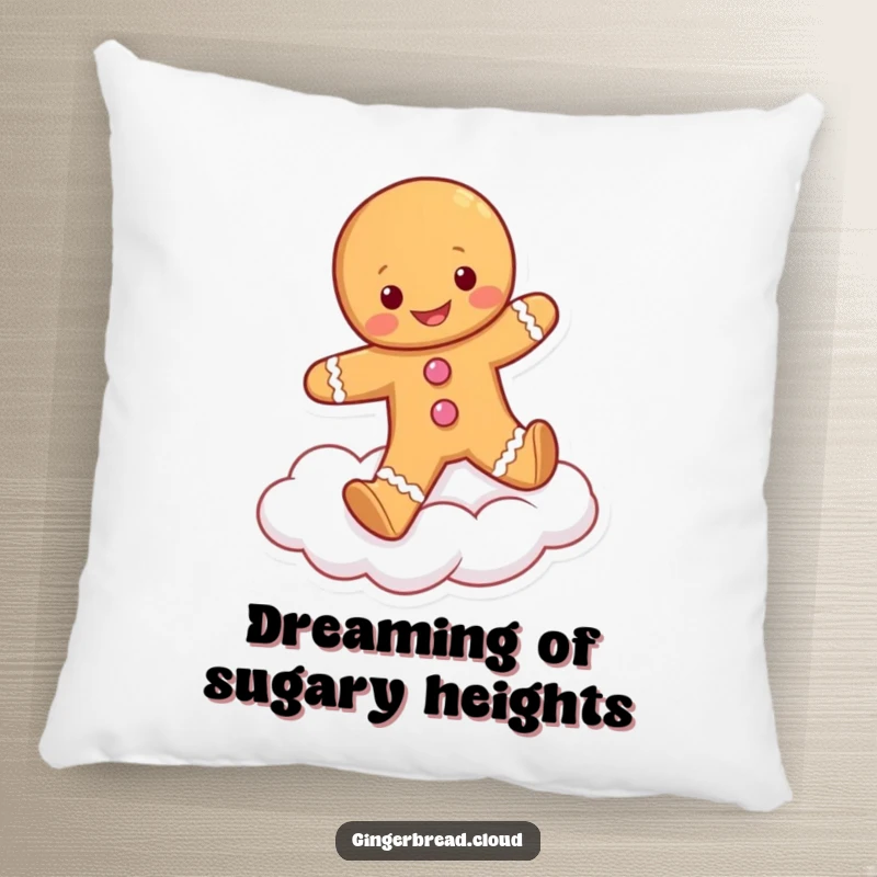 Funny pillow with a cute gingerbread person skipping joyfully on a fluffy cloud, designed for ultimate comfort and cheerful vibes.