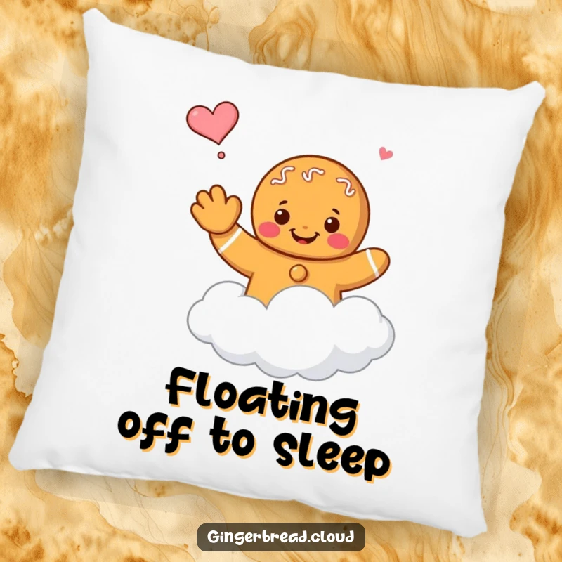 Funny gingerbread character waving goodbye while floating on a plush cloud, printed on a soft decorative pillow.