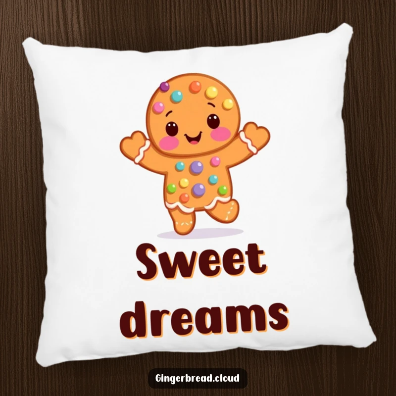 Funny Pillow with a candy-covered gingerbread man character joyfully hopping, offering comfort and a dose of sugary fun.