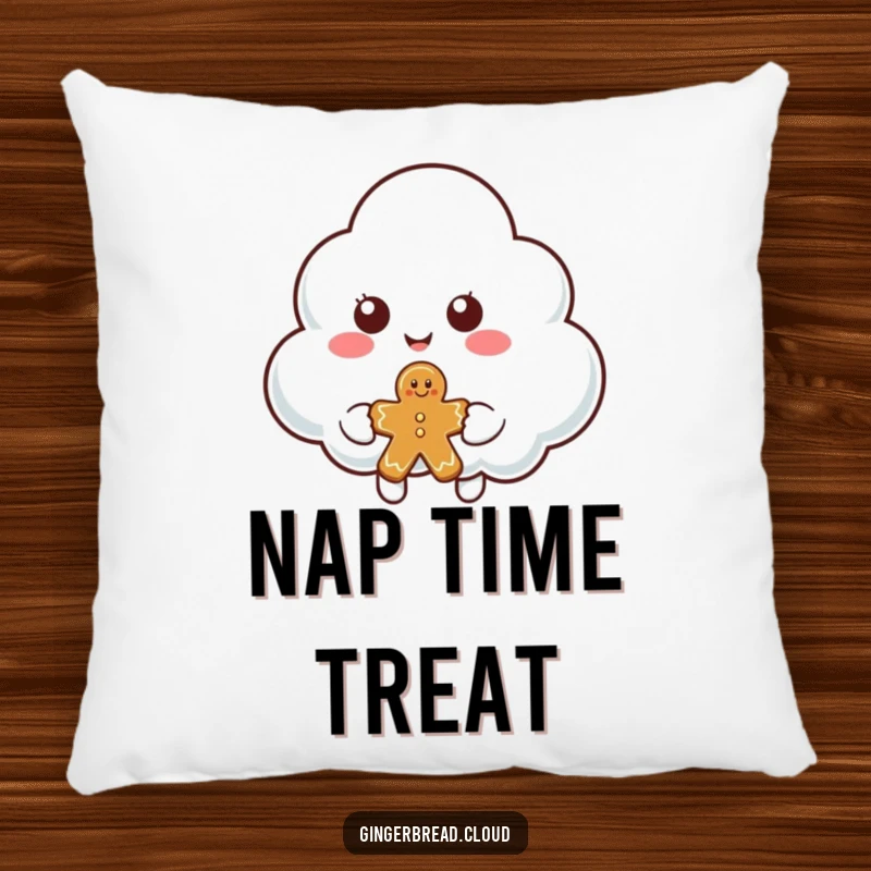 Funny cloud character pillow with a soft texture, showcasing a smiling cloud offering a piece of gingerbread.