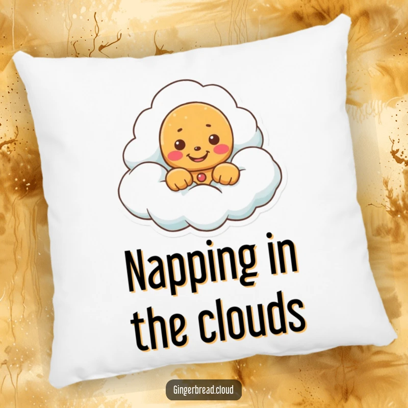 Funny pillow with a gingerbread cookie peeking from a cloud, a cheerful grin making it extra cozy.