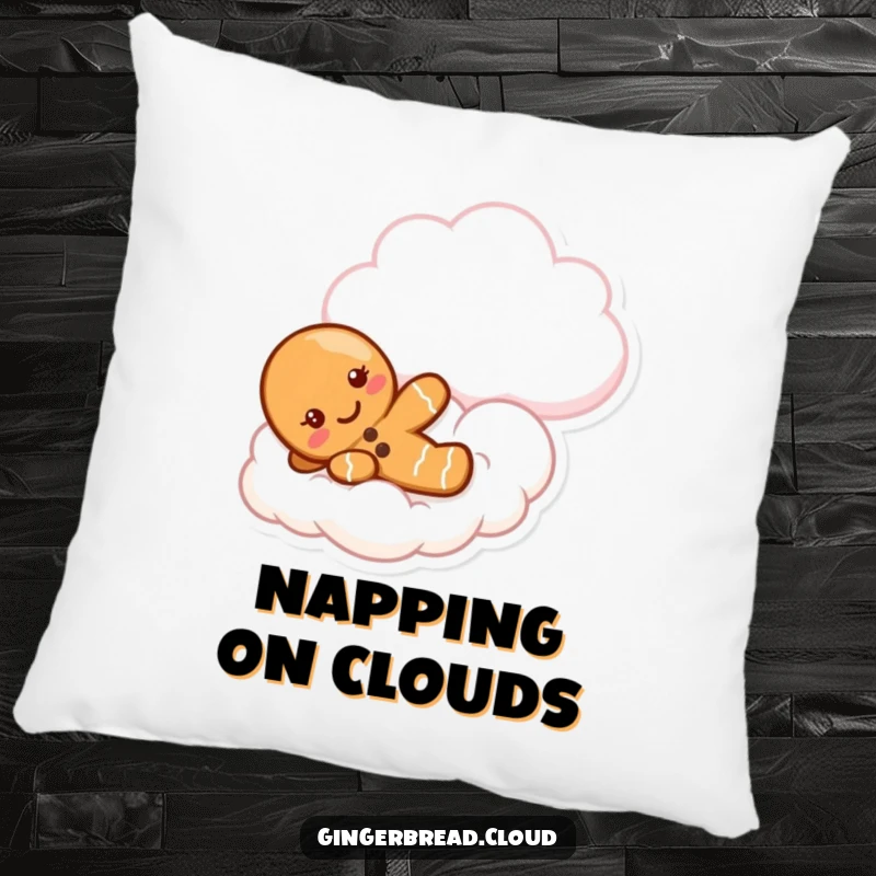 Funny gingerbread pillow featuring a cute cookie character joyfully sliding down a soft, fluffy cloud.