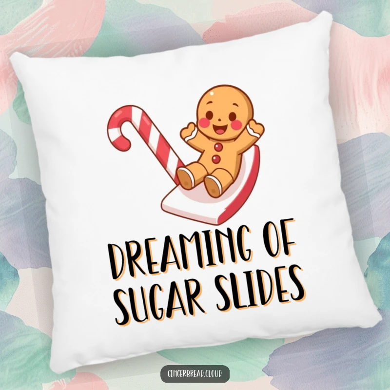 Funny pillow showcasing a gingerbread cookie sliding down a candy cane, a cheerful addition to any room.