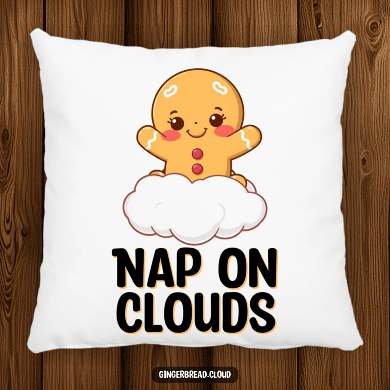 Funny smiling gingerbread cookie leaping from a cloud, printed on a soft, comfortable pillow. A humorous holiday accent.