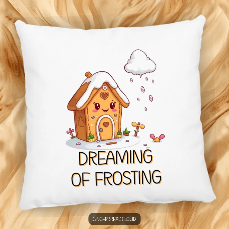 Funny pillow featuring a happy gingerbread house with icing, looking up as a cloud sprinkles candy.