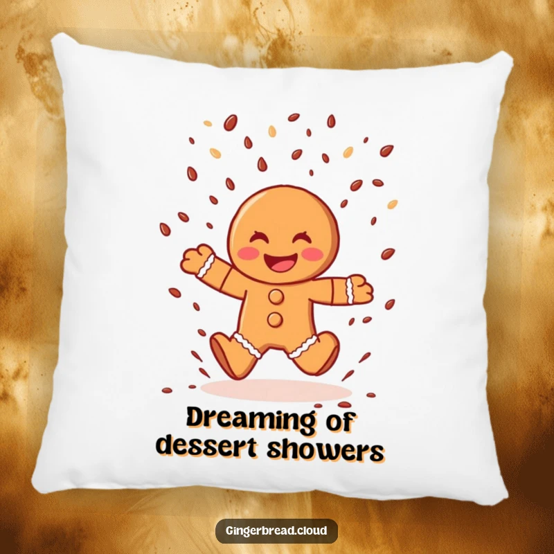 Funny gingerbread man pillow, soft cushion featuring a character leaping through chocolate sprinkles, cozy and humorous home decor.