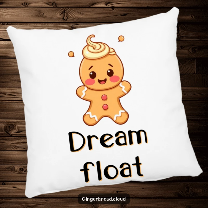 Funny pillow with a happy gingerbread person adorned with icing swirls, floating upwards for a cozy feel.