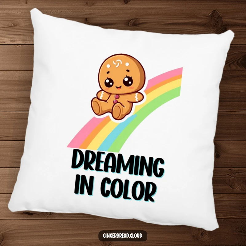 Funny pillow showcasing a cheerful gingerbread character with wide eyes, mid-slide down a colorful rainbow, offering comfort.