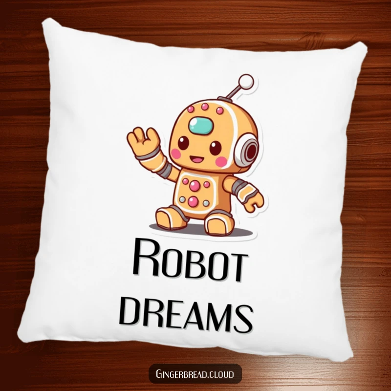 Funny pillow with a gingerbread robot character waving a sugary antenna, adding a cozy and techy touch.