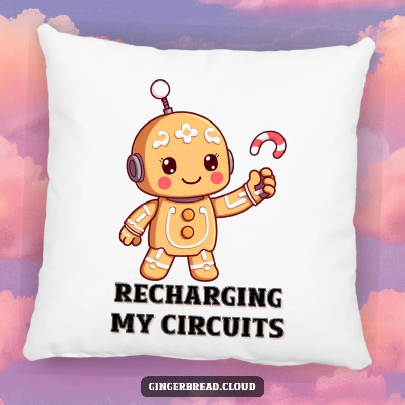 Funny gingerbread robot pillow, soft and comfortable cushion with a happy robot design.