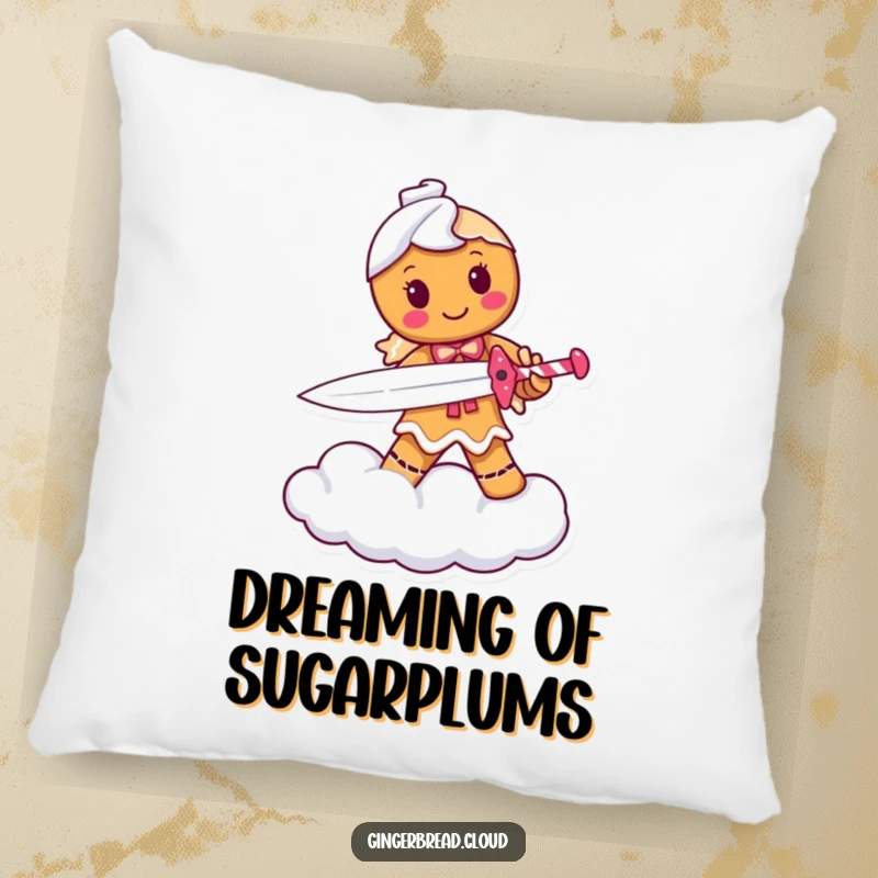 Funny pillow featuring a determined gingerbread person warrior with a candy cane sword resting on a cloud, perfect for cozying up.