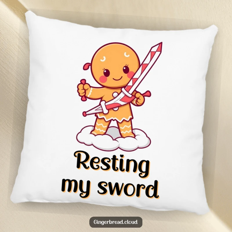 Funny pillow featuring a determined gingerbread person with a candy cane sword, resting on a cloud.
