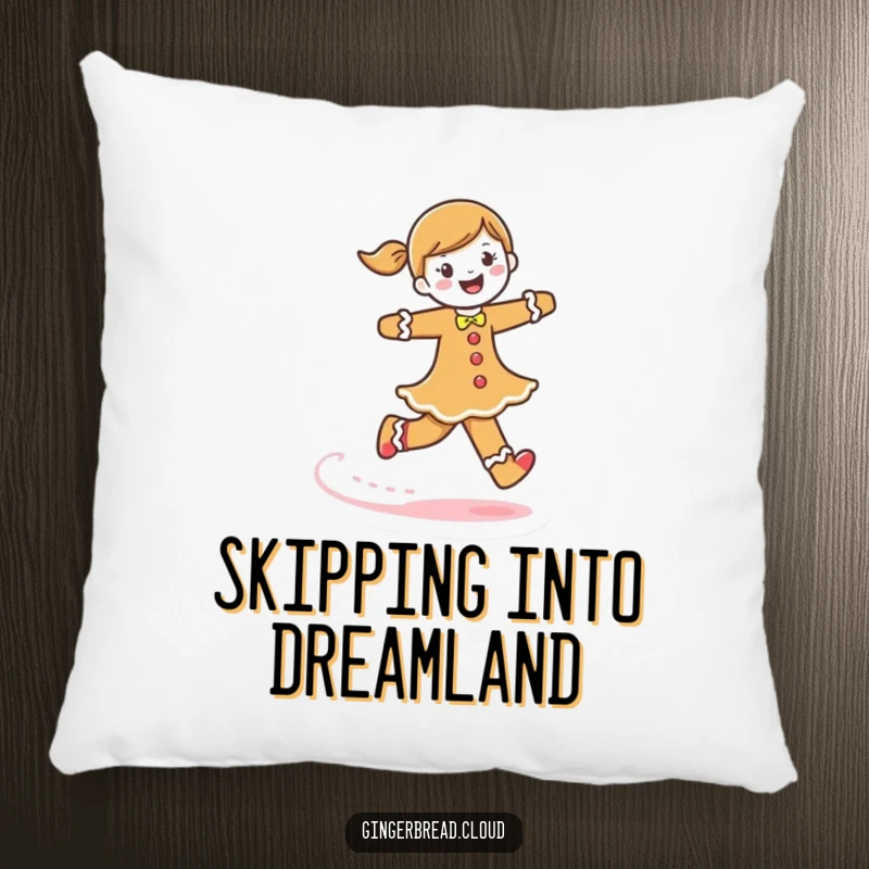 Funny gingerbread woman pillow, soft cushion featuring a character skipping, leaving a frosting trail, comfortable and decorative.