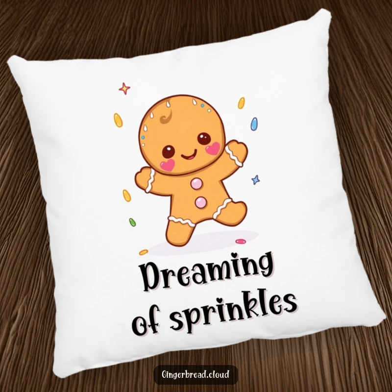 Funny decorative pillow showcasing a gingerbread character catching sprinkle-shaped raindrops, offering comfort and holiday sweetness.