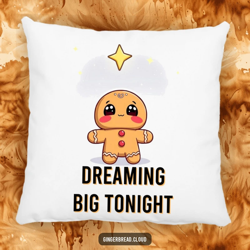 Funny gingerbread character looking up at a starry sky, printed on a soft decorative pillow.