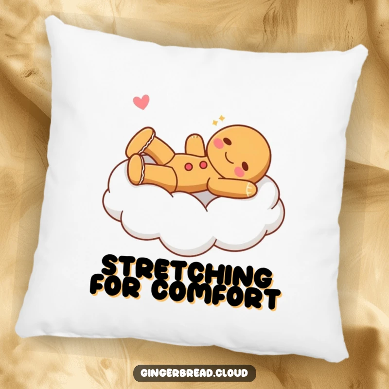 Funny gingerbread character stretching on a plush cloud bed, printed on a soft decorative pillow.