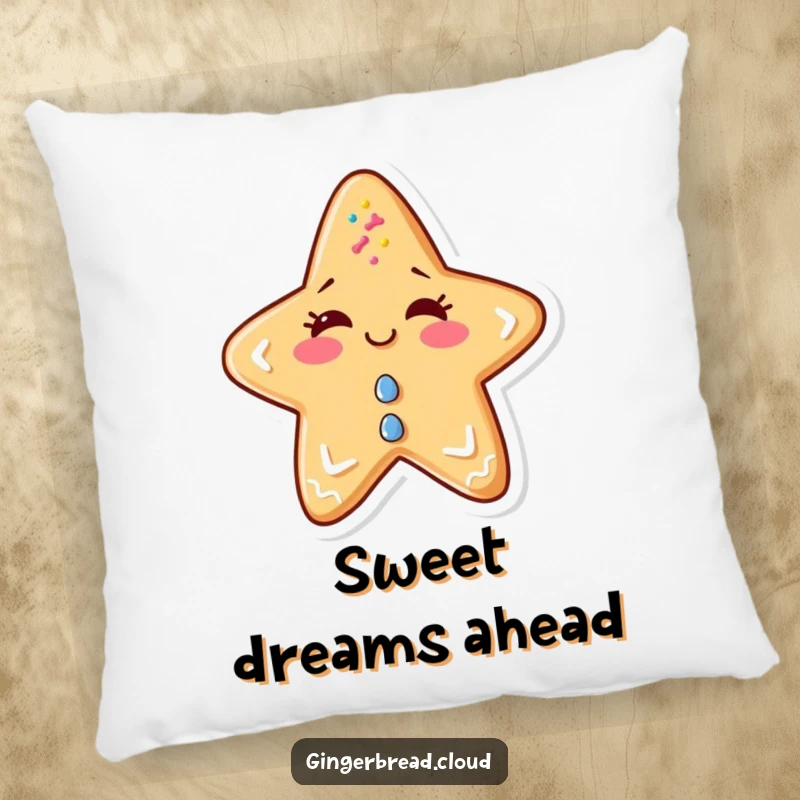 Funny pillow showcasing a mischievous anthropomorphic gingerbread star winking, complete with colorful sprinkles.