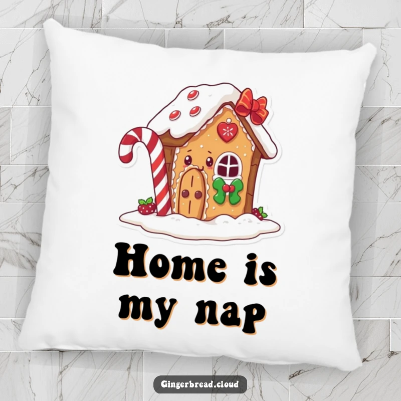 Funny gingerbread house pillow, soft cushion with a character peeking from behind a candy cane, comfortable and decorative.