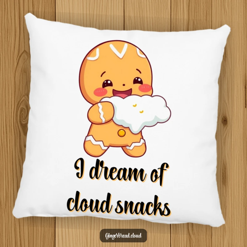 Cheerful gingerbread character taking a huge bite out of a soft cloud, featured on a plush pillow for happy comfort and decor.