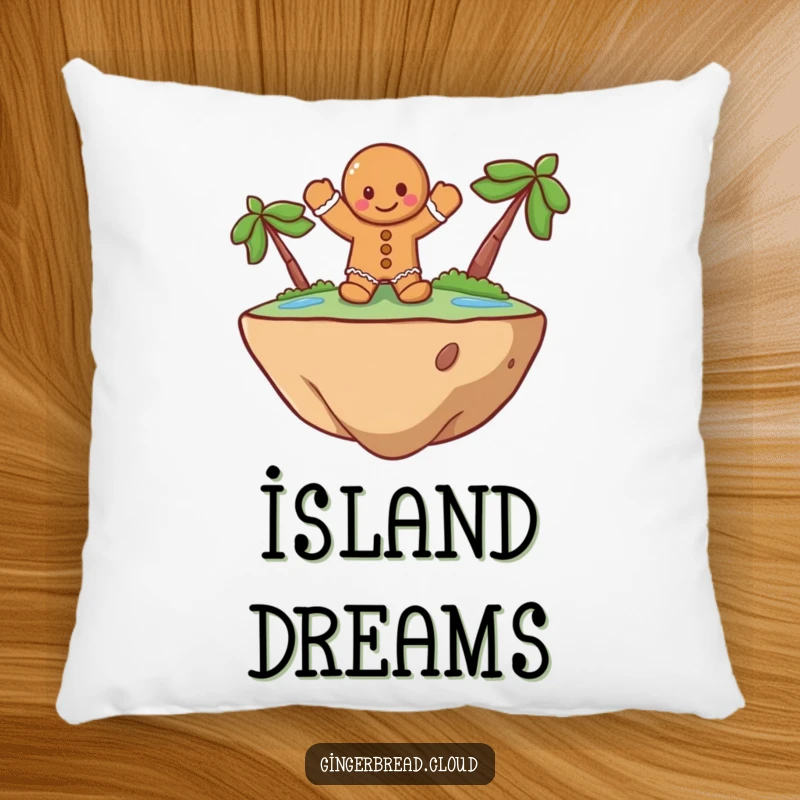 Funny Pillow designed with a cheerful gingerbread man waving from a floating island, providing cozy comfort and whimsical fantasy art.