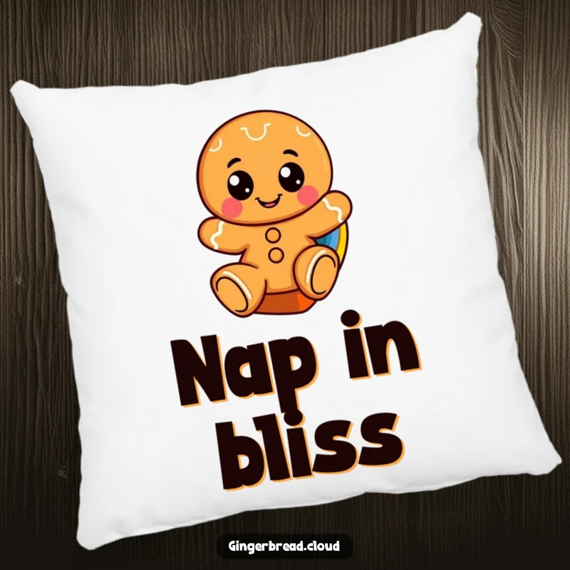 Funny pillow featuring a cheerful gingerbread character with big eyes, sliding down a colorful rainbow.