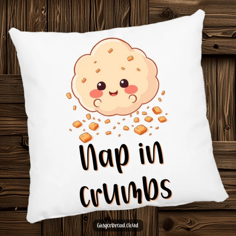 Funny Pillow designed with a cloud scattering happy gingerbread cookie crumbs like rain, providing cozy comfort and whimsical baking art.