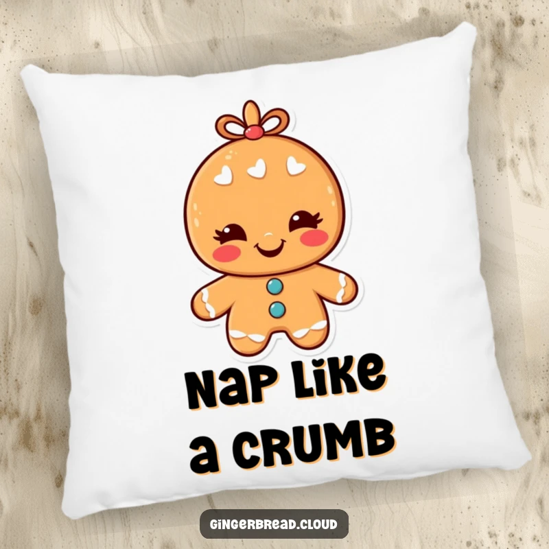 Funny Pillow with a cheerful gingerbread man character giving a friendly wink, offering comfort and a dose of holiday humor.