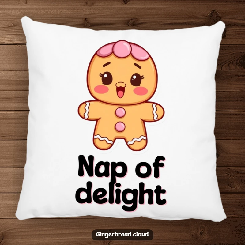 Funny throw pillow featuring a gingerbread character with frosting buttons, looking surprised and utterly delighted.