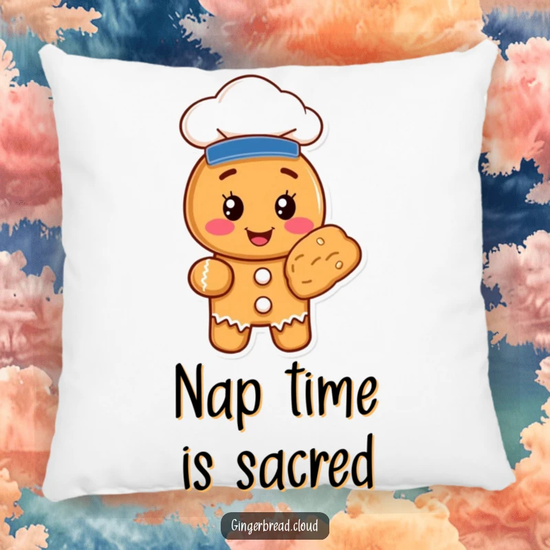 Funny gingerbread cookie chef character offering a baked treat, featured on a soft, decorative pillow for ultimate comfort.