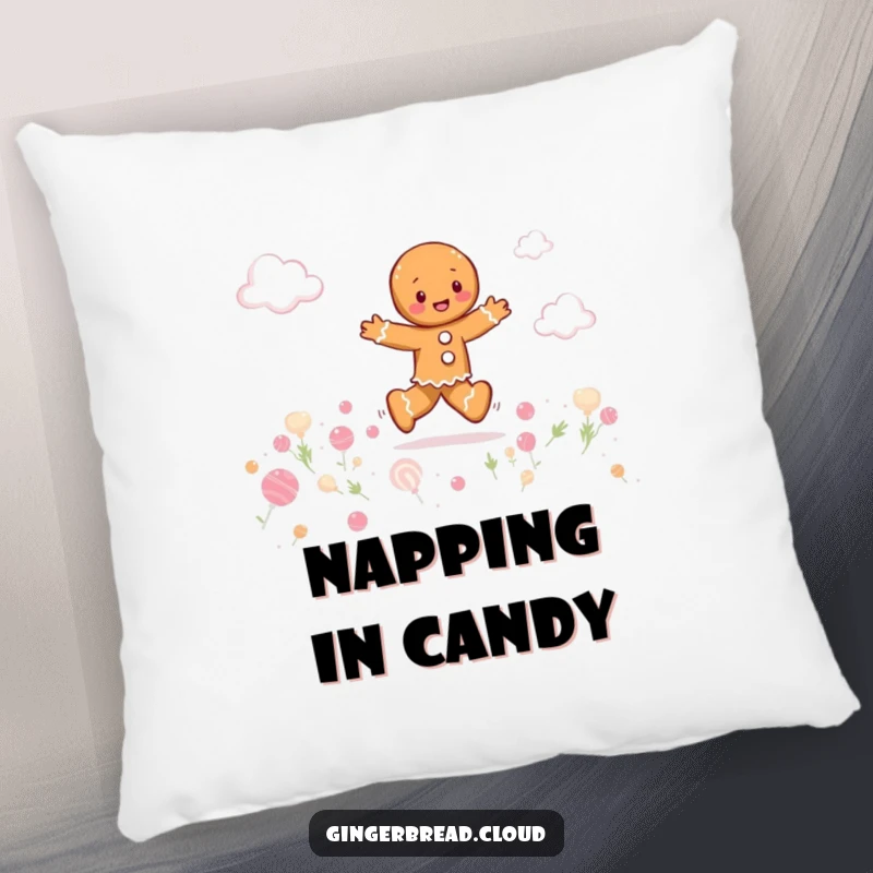 Funny gingerbread person playfully skipping through a field of candy clouds, cozy decorative pillow, whimsical and sweet comfort.