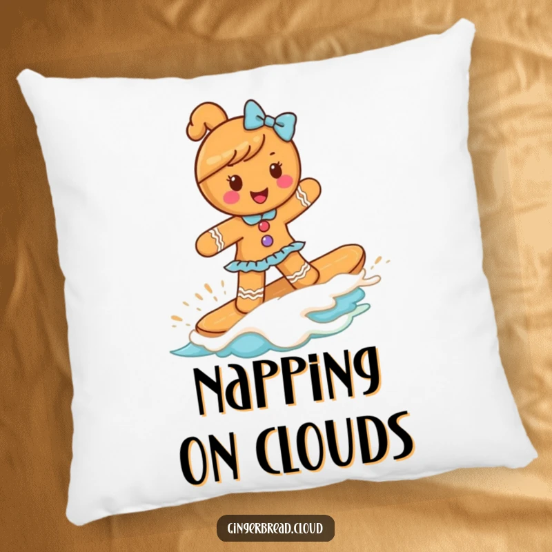 Funny gingerbread girl gleefully surfs a creamy frosting wave, bringing a touch of sweet, humorous charm to cozy home decor.