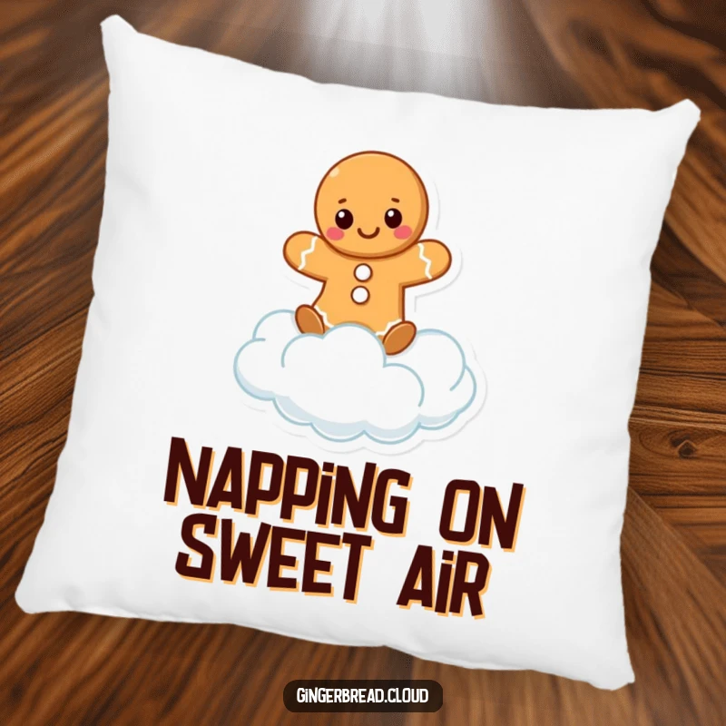 Funny decorative pillow with a happy gingerbread character balancing on a soft, white cloud puff. Comfortable and cheerful.