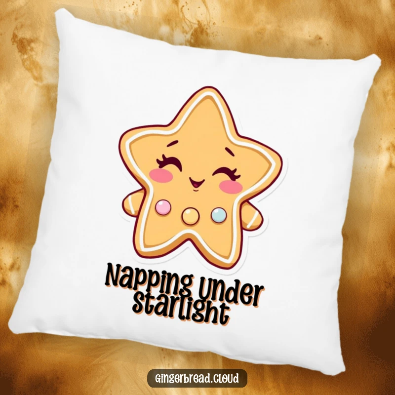 Funny gingerbread star pillow, soft cushion featuring a winking character with twinkling candy buttons, comfortable and decorative.