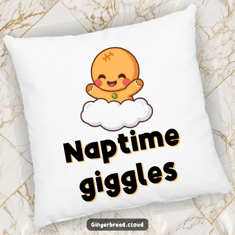 Funny decorative pillow featuring a gingerbread character giggling on a cloud, offering comfort and infectious happiness.