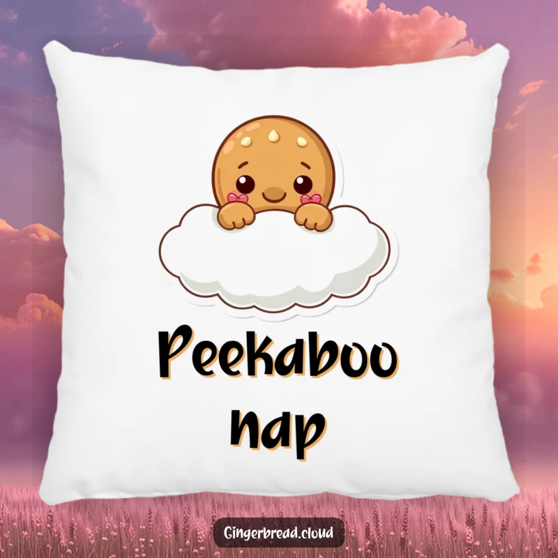 Funny pillow designed with a gingerbread character playfully peeking from a fluffy cloud, offering soft comfort and sweet surprise.