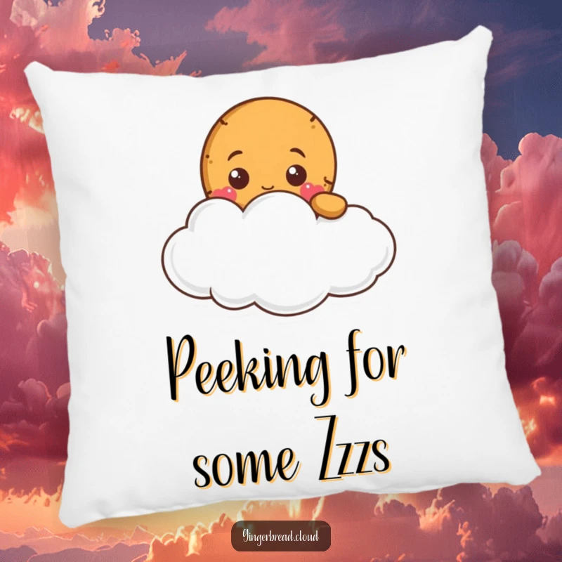 Funny gingerbread character peeking from behind a plush cloud, printed on a soft decorative pillow.
